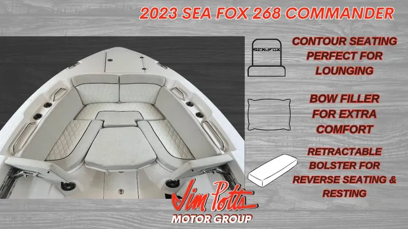 Slide: The Image of 2023 Sea Fox 268 Commander boat with contour seating, bow filler, and retractable bolster. - 3