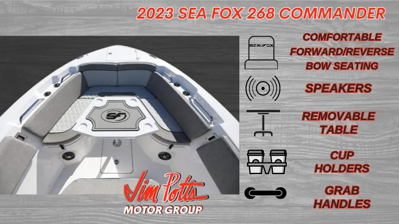 Slide: The Image of 2023 Sea Fox 268 Commander with bow seating, speakers, table, cup holders, and grab handles. - 5