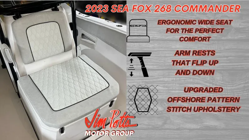 Slide: The Image of 2023 Sea Fox 268 Commander ergonomic seat with flip-up armrests and offshore pattern stitch upholstery. - 7
