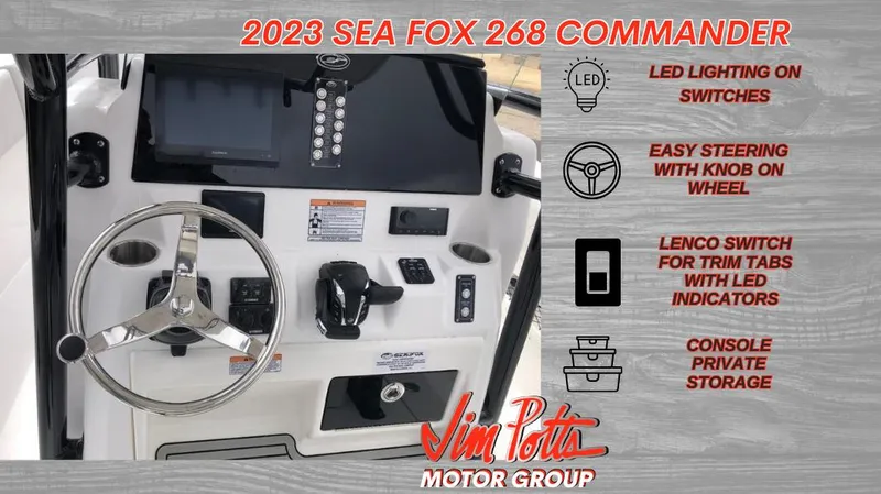 Slide: The Image of 2023 Sea Fox 268 Commander dashboard with LED lighting, easy steering, and private storage. - 9