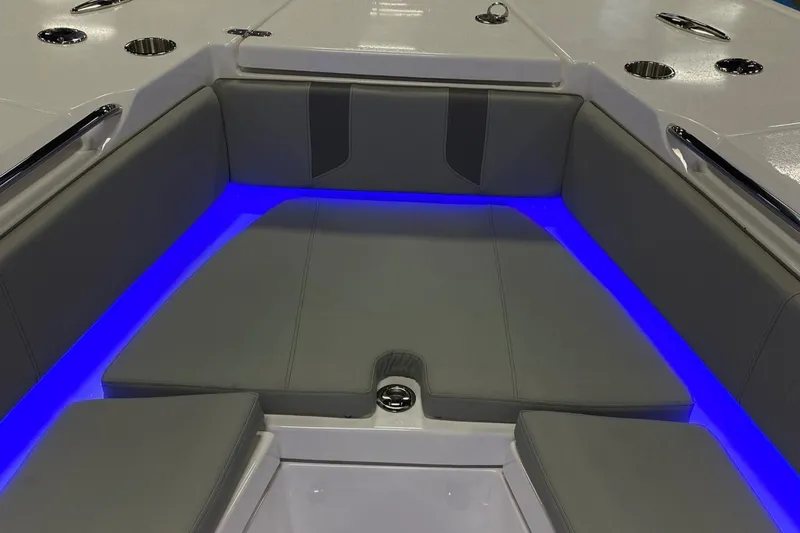 Slide: The Image of 2024 Cape Horn 34 XS boat interior with blue LED lighting. - 29
