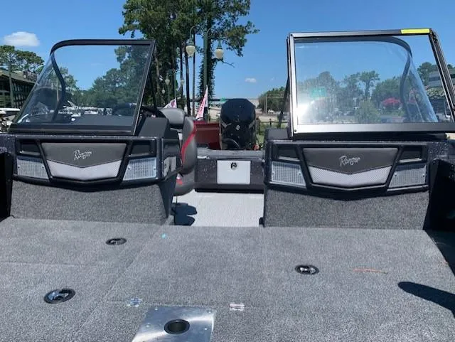 Slide: The Image of 2023 Ranger VX1888 WT boat interior with dual consoles and windshields. - 7