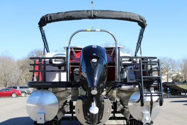 Slide: The Image of 2023 Lowe SF214 Sport Fish pontoon boat rear view with outboard motor. - 3