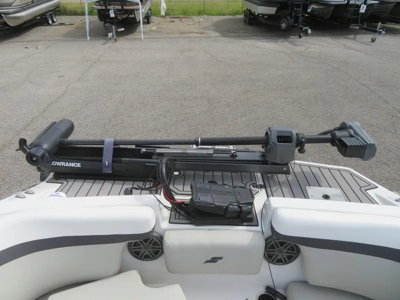Slide: The Image of 2022 Starcraft 231 OB boat with Lowrance trolling motor on deck. - 23