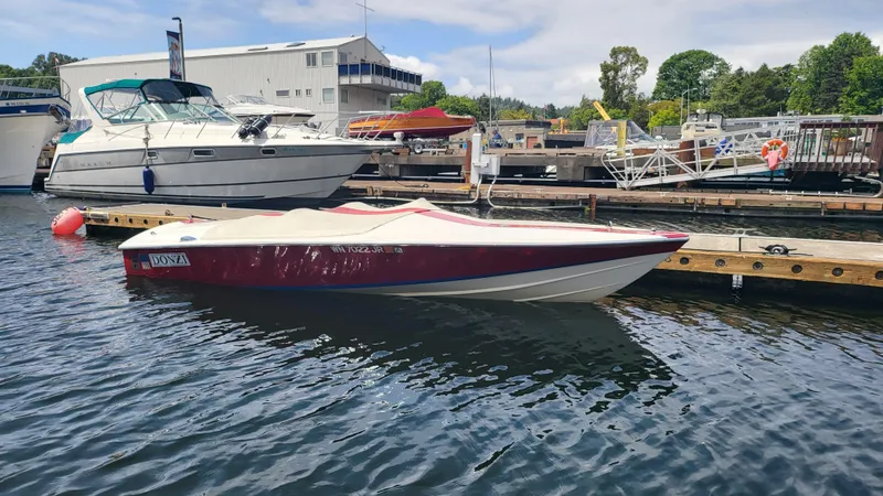 The Image of 1973 Donzi X18 speedboat docked at a marina with other boats in the background. - 0