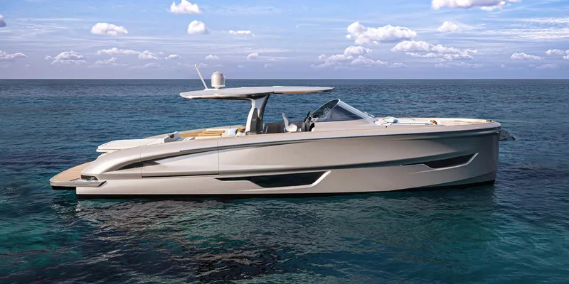 Slide: The Image of 2025 Solaris Power 52 Open luxury yacht on clear blue ocean. - 1