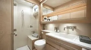 Slide: The Image of Modern bathroom in 2025 Solaris Power 52 Open yacht with sleek fixtures and ample storage. - 12