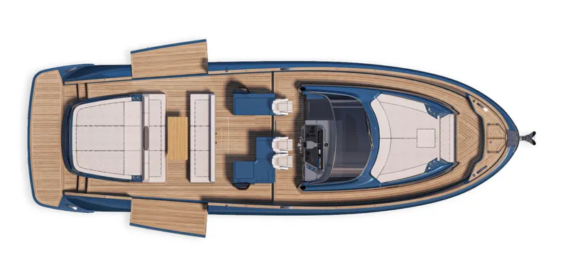 Slide: The Image of Top view of 2025 Solaris Power 52 Open luxury yacht with spacious deck layout. - 14