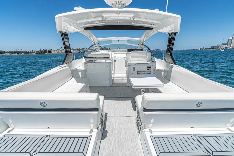 Slide: The Image of 2017 Cruisers Yachts 390 Express Coupe, spacious deck, luxury seating, ocean view. - 19