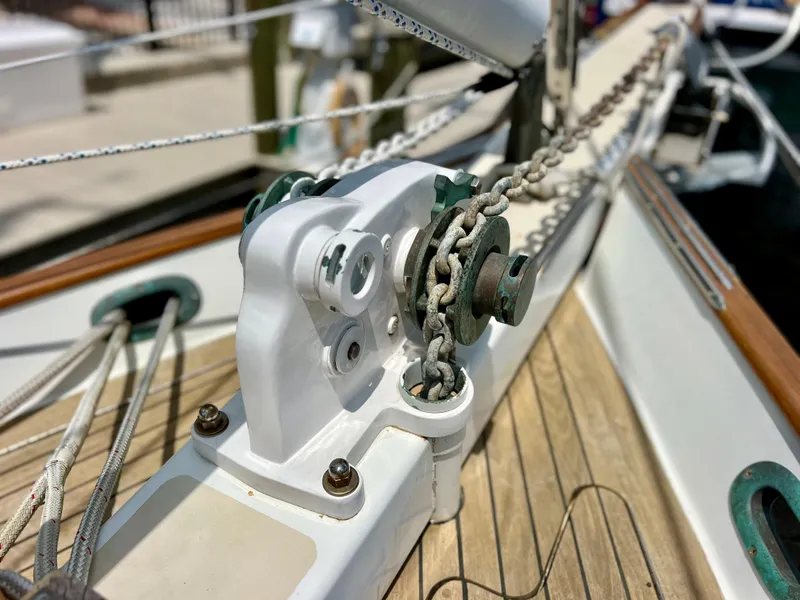 Slide: The Image of Anchor windlass on 1986 Cherubini 44 sailboat deck. - 11