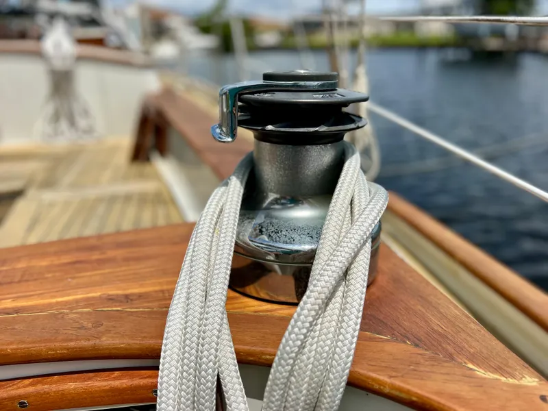 Slide: The Image of Close-up of a winch and rope on a 1986 Cherubini 44 sailboat. - 28