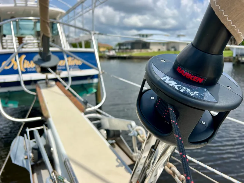 Slide: The Image of Close-up of a 1986 Cherubini 44 sailboat's deck and rigging. - 8