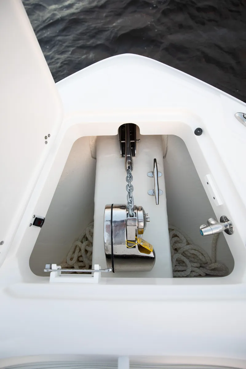 Slide: The Image of 2024 Edgewater 370CC anchor locker with chain and rope. - 22