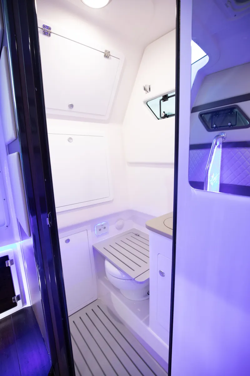 Slide: The Image of 2024 Edgewater 370CC boat interior bathroom with modern fixtures and lighting. - 29