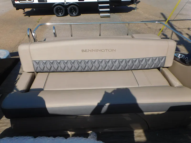 Slide: The Image of 2023 Bennington 23RSBA boat seat with beige and gray upholstery. - 11