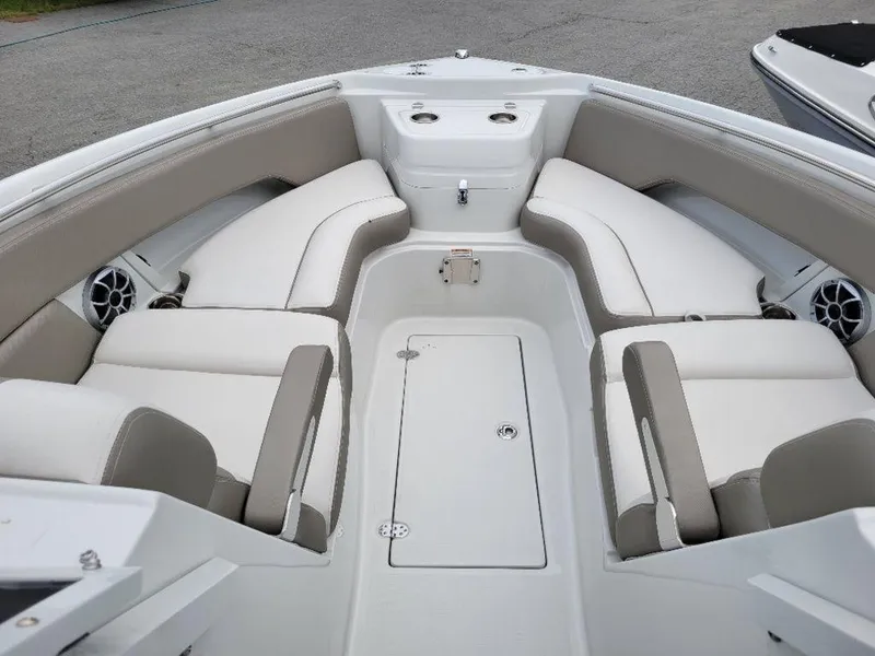 Slide: The Image of 2024 Finseeker 280 DC boat interior with spacious seating and storage. - 5