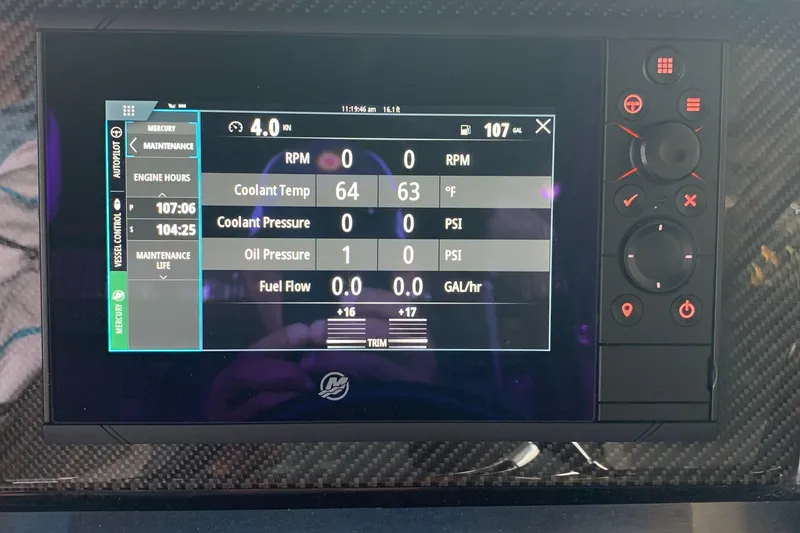 Slide: The Image of Dashboard display of a 2019 Four Winns H290 OB boat showing engine metrics. - 17
