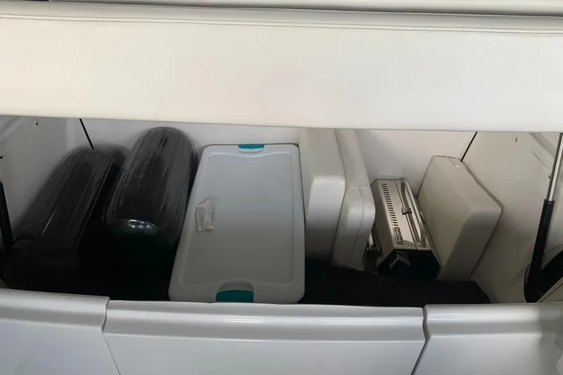 Slide: The Image of Storage compartment in 2019 Four Winns H290 OB boat with various items. - 18