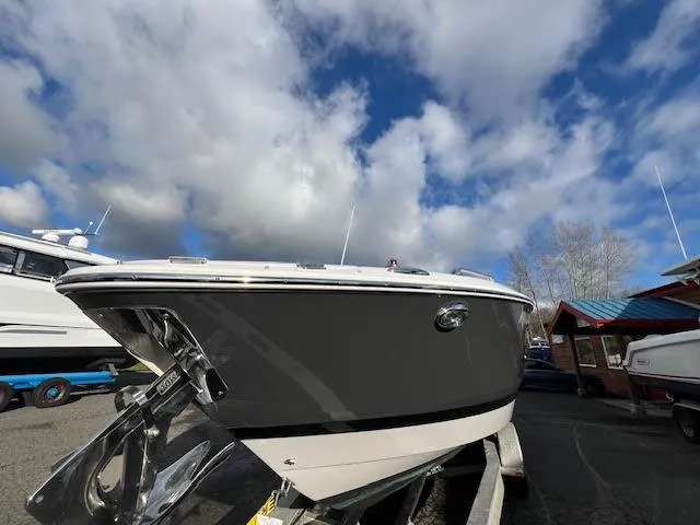 Slide: The Image of 2019 Four Winns H290 OB boat on trailer under cloudy sky. - 48
