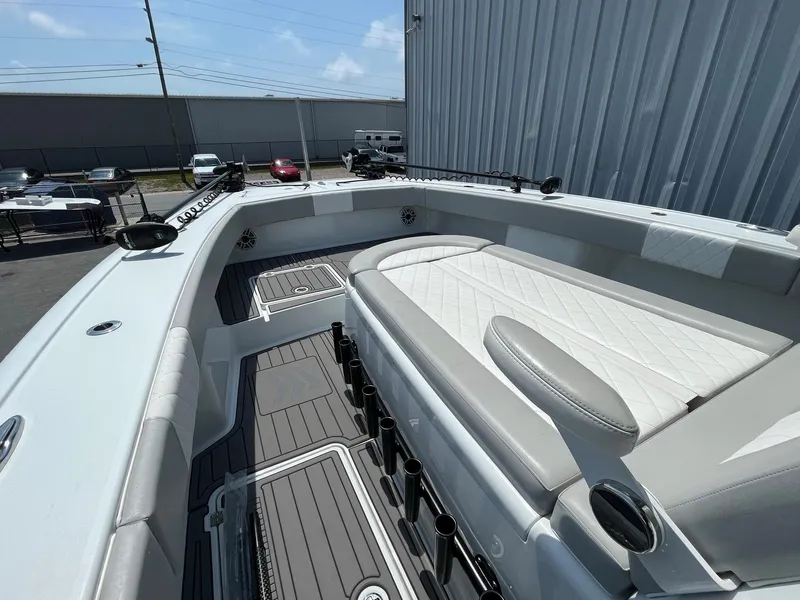 Slide: The Image of 2021 Freeman 37 VH boat interior with seating and rod holders. - 20