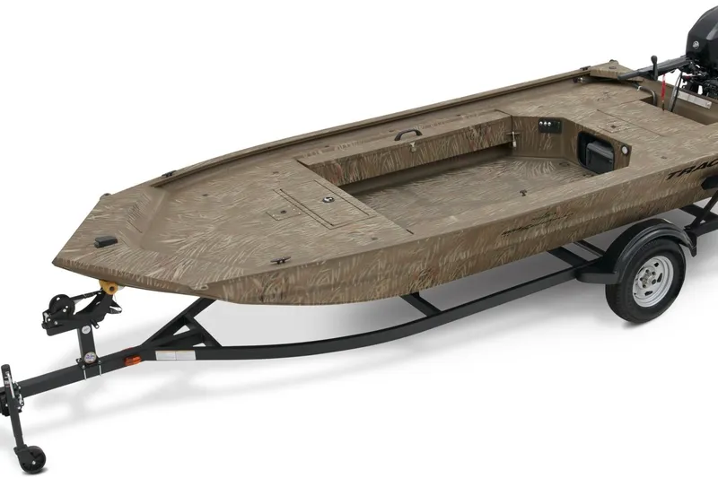 Slide: The Image of 2023 Tracker Grizzly 1654 T Sportsman boat on trailer, camo design, side view. - 13