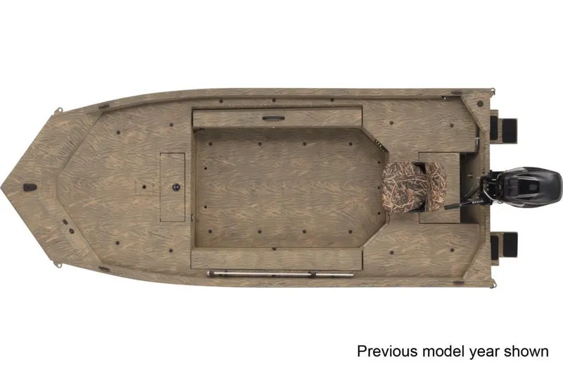 Slide: The Image of 2023 Tracker Grizzly 1654 T Sportsman boat with camouflage pattern on snowy background. - 3