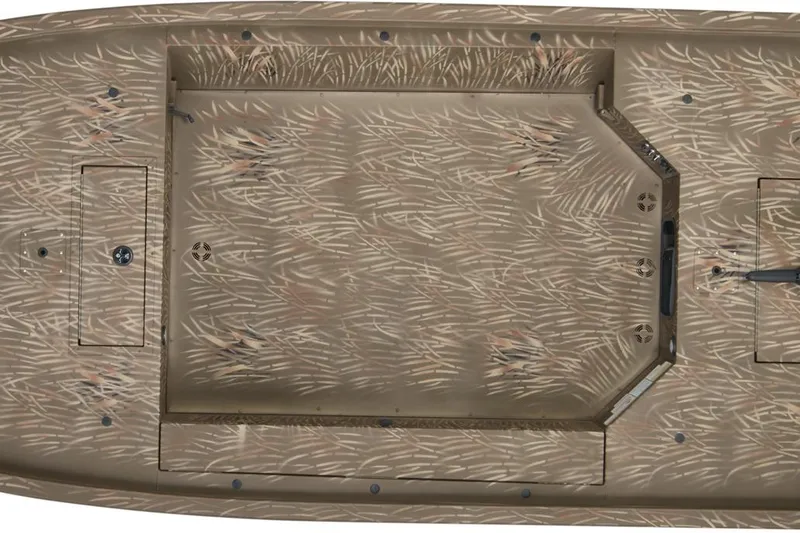 Slide: The Image of 2023 Tracker Grizzly 1654 T Sportsman boat with camouflage pattern, top view. - 31