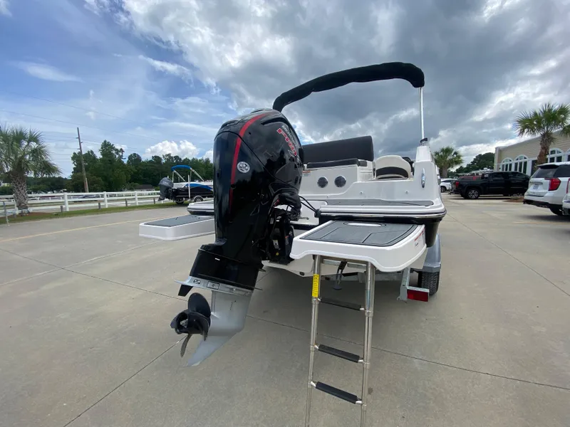 Slide: The Image of 2022 Bayliner DX2000 boat with outboard motor and swim ladder. - 10