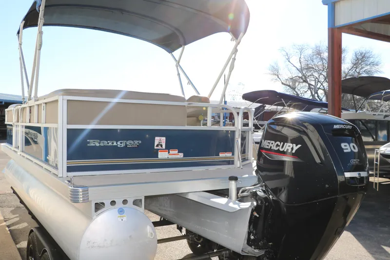 Slide: The Image of 2021 Ranger RP200C pontoon boat with Mercury 90 HP outboard motor. - 6