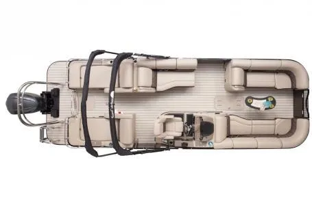 Slide: The Image of 2023 SunCatcher Elite 326SS pontoon boat, top view, beige seating, and spacious layout. - 14