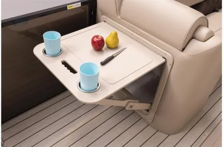 Slide: The Image of 2023 SunCatcher Elite 326SS fold-out table with drinks, fruit, and knife. - 3