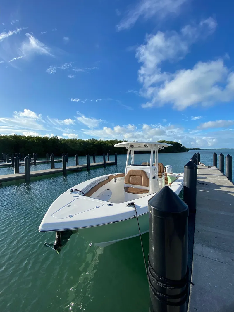 Slide: The Image of 2021 Sea Pro 259 DLX boat docked on a sunny day with clear blue skies. - 2