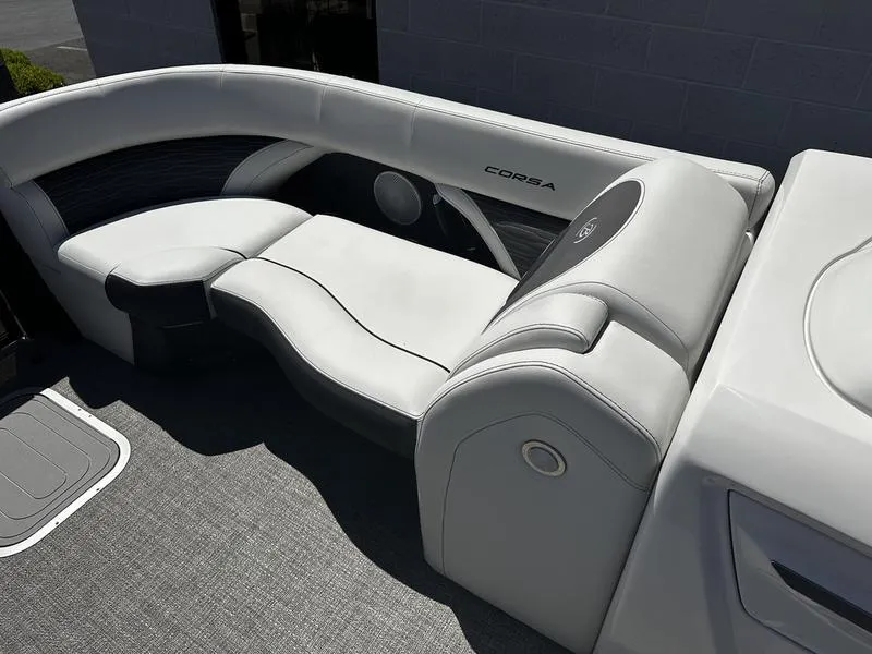 Slide: The Image of 2023 Barletta 23UA boat interior with luxurious seating and modern design. - 14