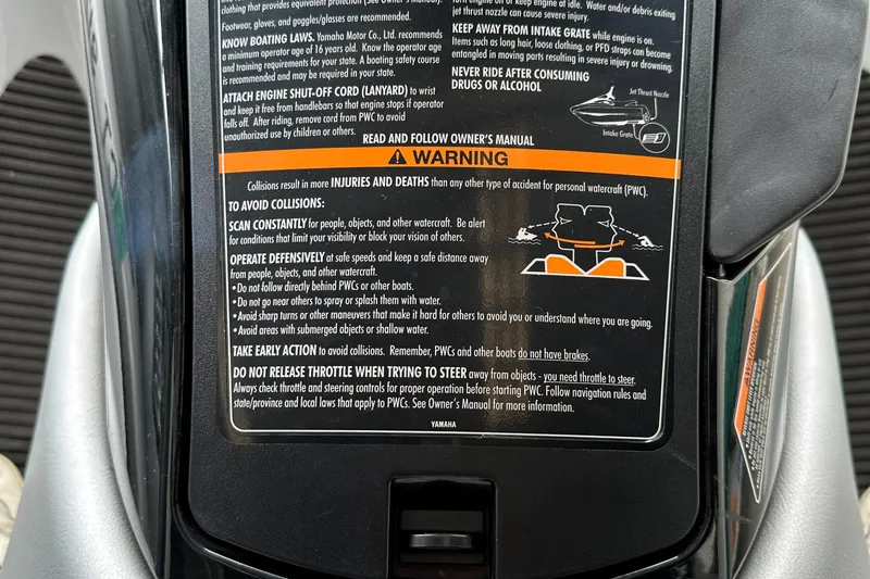 Slide: The Image of Warning label on 2009 Yamaha WaveRunner FX Cruiser H/O, safety instructions and collision avoidance tips. - 12