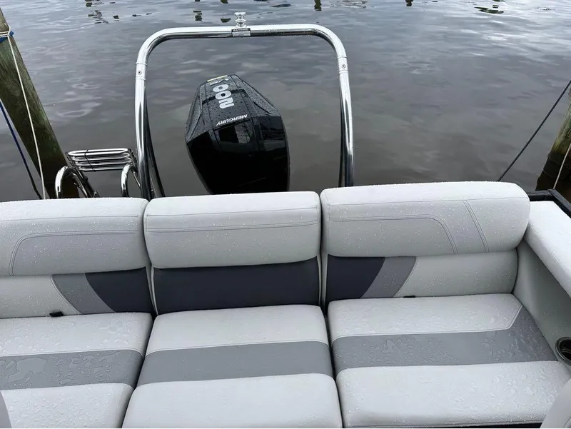 Slide: The Image of 2023 Viaggio D 23 Q boat with Mercury outboard motor, rear seating view. - 11