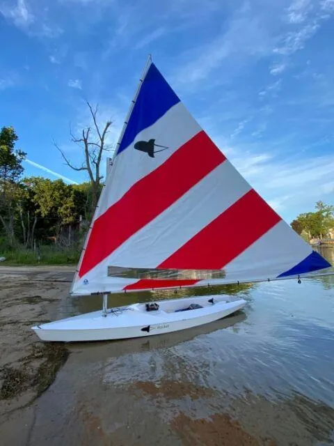 The Image of 2025 Dinghy Rocket Board Boat with colorful sail on a serene lakeside. - 0