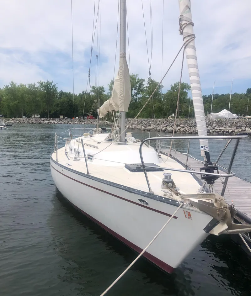The Image of 1980 Tartan 33 sailboat docked in calm waters, surrounded by lush greenery. - 0