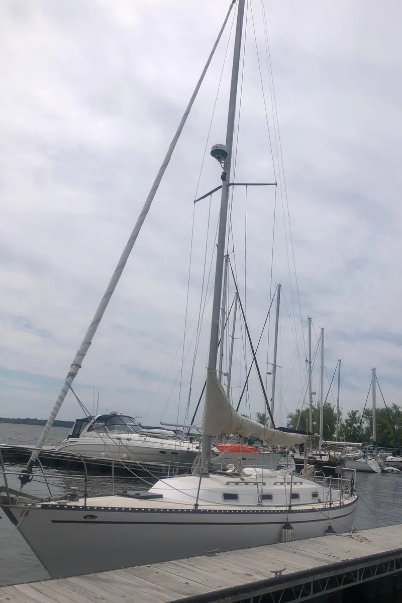 Slide: The Image of 1980 Tartan 33 sailboat docked at a marina on a cloudy day. - 3