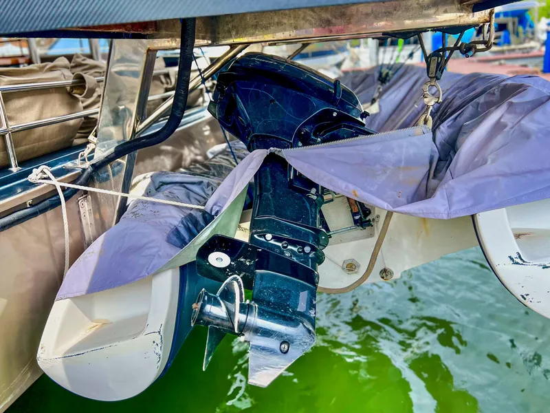 Slide: The Image of 2017 Fountaine Pajot Ipanema 58 Power Catamaran engine detail in marina. - 12