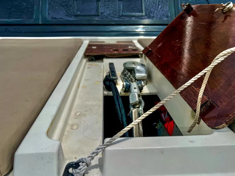 Slide: The Image of 2017 Fountaine Pajot Ipanema 58 Power Catamaran deck storage compartment with ropes and equipment. - 20