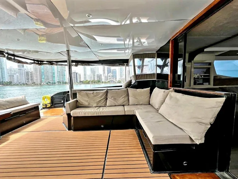 Slide: The Image of 2017 Fountaine Pajot Ipanema 58 Power Catamaran deck with city skyline view. - 42