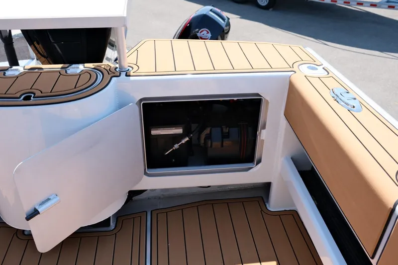 Slide: The Image of Makaira Gen3 800 boat interior, open storage compartment, teak flooring, 2023 model. - 36