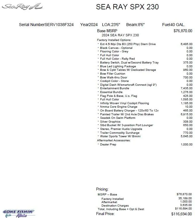 Slide: The Image of 2024 Sea Ray SPX 230 boat pricing and options list, including base MSRP and factory-installed options. - 30
