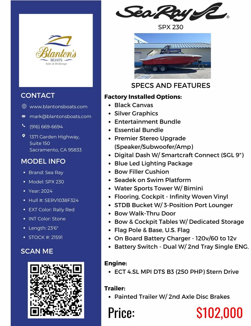 Slide: The Image of 2024 Sea Ray SPX 230 boat features and pricing details, including contact information and specifications. - 31