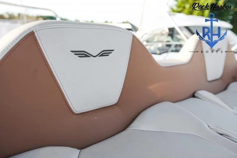 Slide: The Image of 2022 Beneteau Flyer 8 SUNdeck interior seating with logo, Rock Harbor Boats branding. - 14