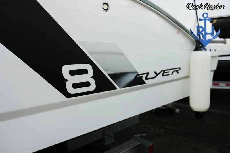 Slide: The Image of 2022 Beneteau Flyer 8 SUNdeck boat side view with logo and branding. - 15