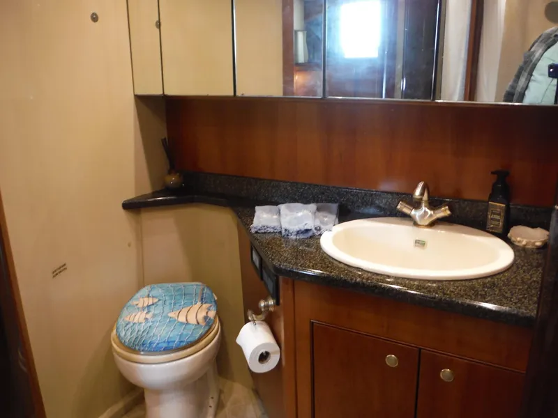 Slide: The Image of 2005 Cruisers Yachts 455 Express Motoryacht bathroom with sink, toilet, and storage cabinets. - 38