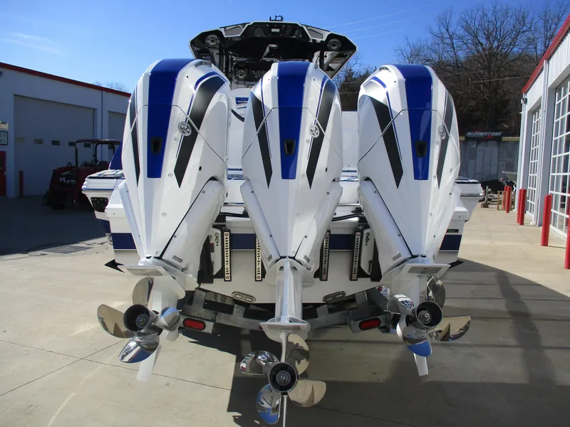 Slide: The Image of 2021 Sunsation 40CCX boat with triple outboard engines. - 10