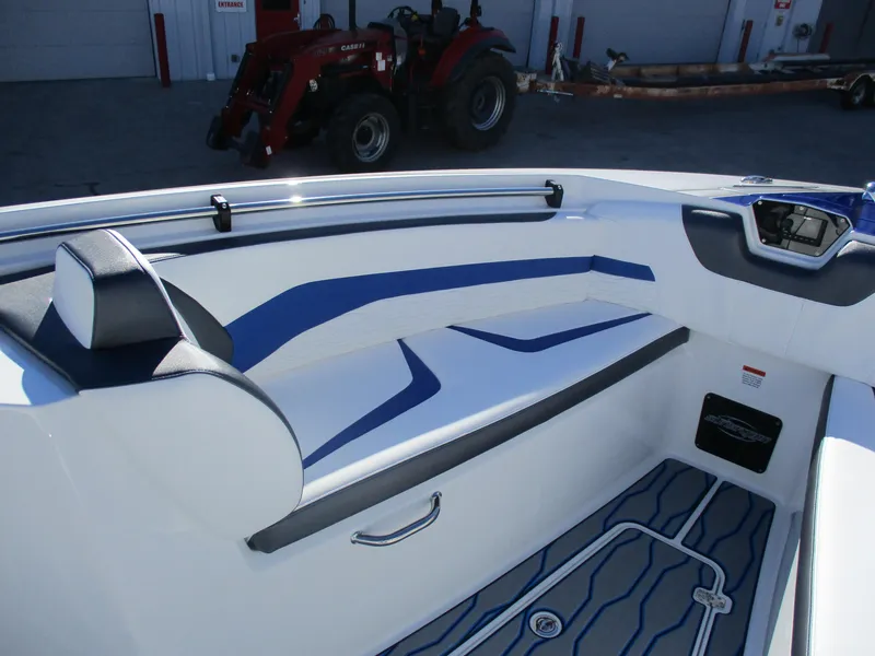 Slide: The Image of 2021 Sunsation 40CCX boat interior with blue and white seating. - 34