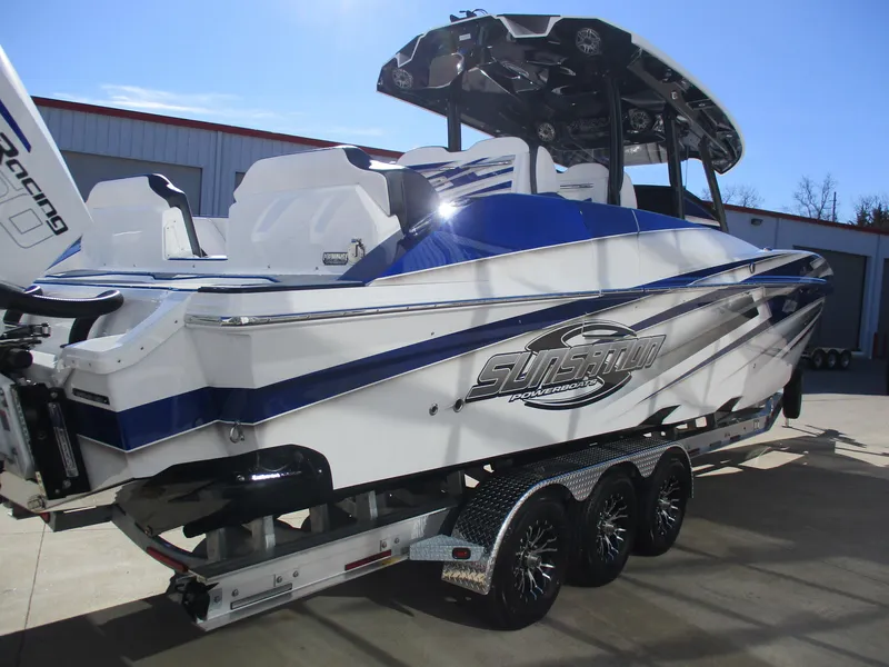 Slide: The Image of 2021 Sunsation 40CCX powerboat on a trailer, rear view. - 7